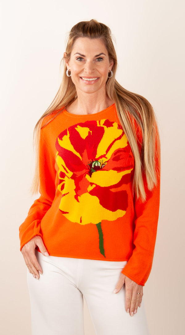 Kaschmir Pullover „Blume“ Orange | Multicolor