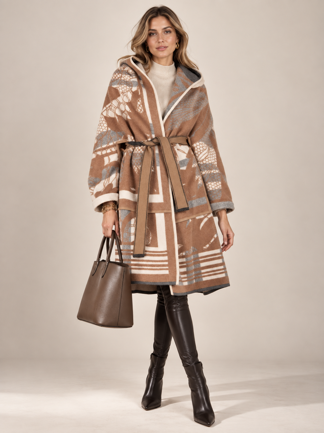 La Couverture / Komfort Kimono-Mantel „Italienische Handwerkskunst“ Camel | Beige | Grau / Frontansicht