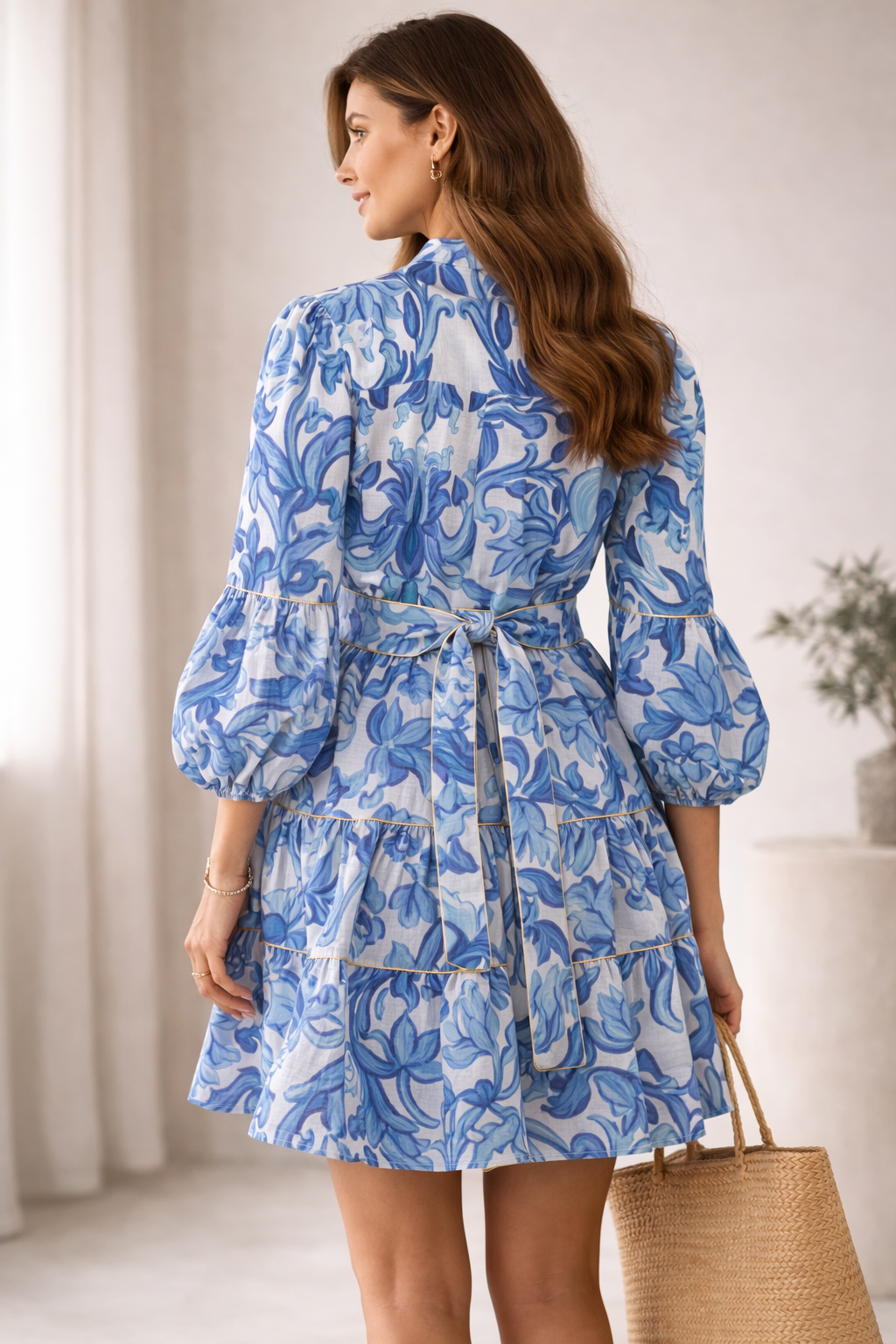 Leinenkleid Blau | Gold | Weiß