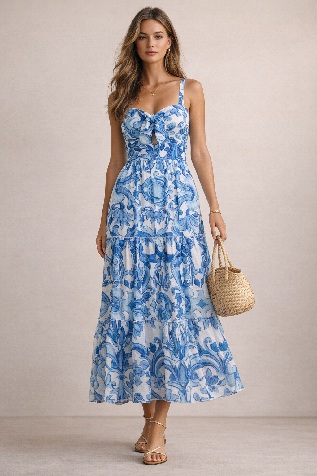 Maxi-Trägerkleid Blau | Weiß