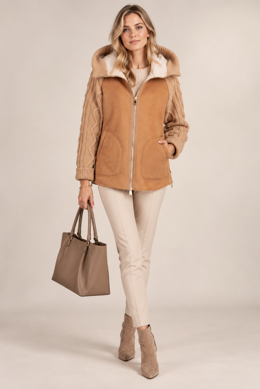 MDF MARCO DEL FORTE / Urbane Hybrid-Jacke „Wolle & Shearling“ Camel / Frontansicht