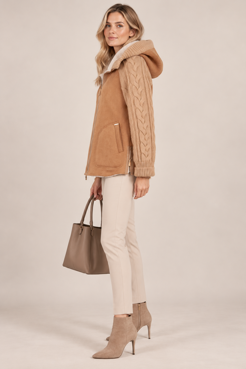 MDF MARCO DEL FORTE / Urbane Hybrid-Jacke „Wolle & Shearling“ Camel / Seitenansicht
