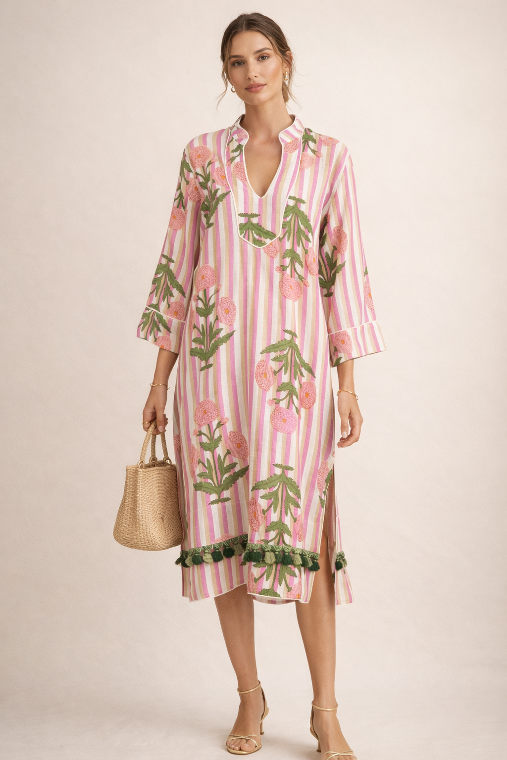 Kleid „Blumen & Streifen“ Creme | Pink | Beige