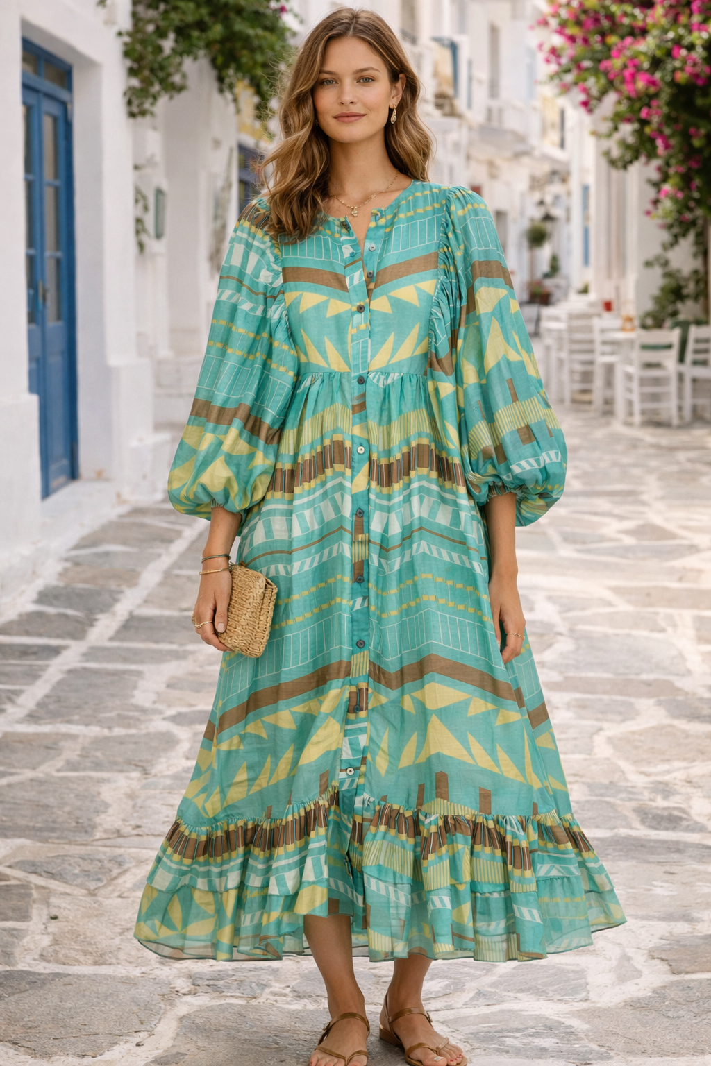 Statement-Maxikleid Türkis | Gelb | Braun