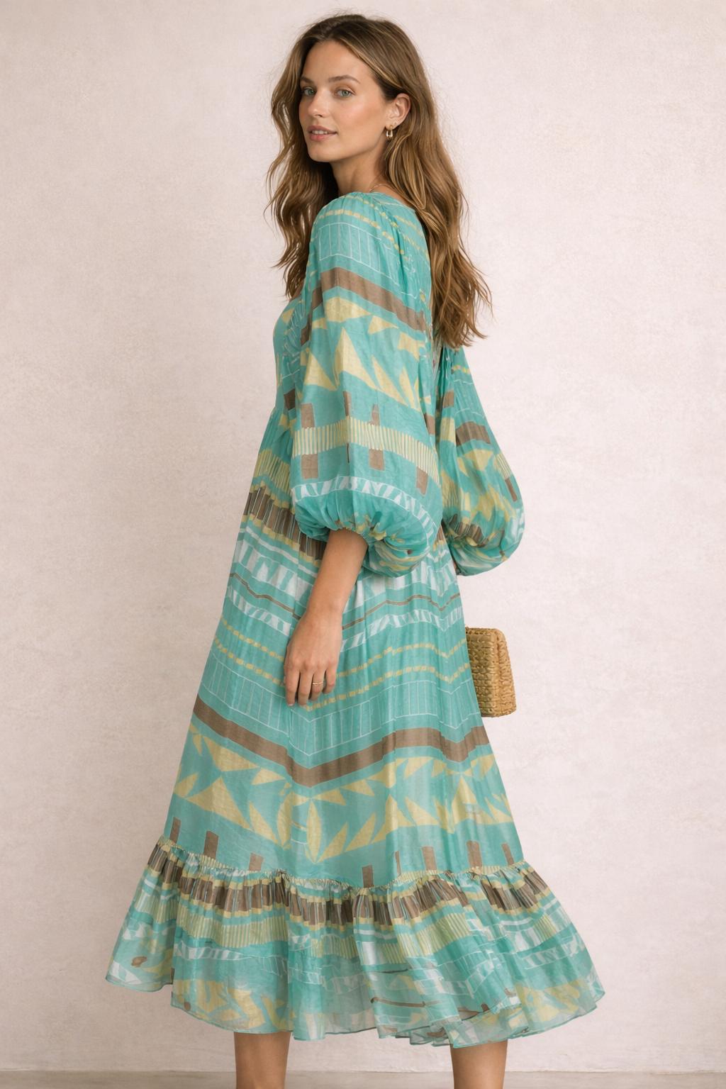 Statement-Maxikleid Türkis | Gelb | Braun
