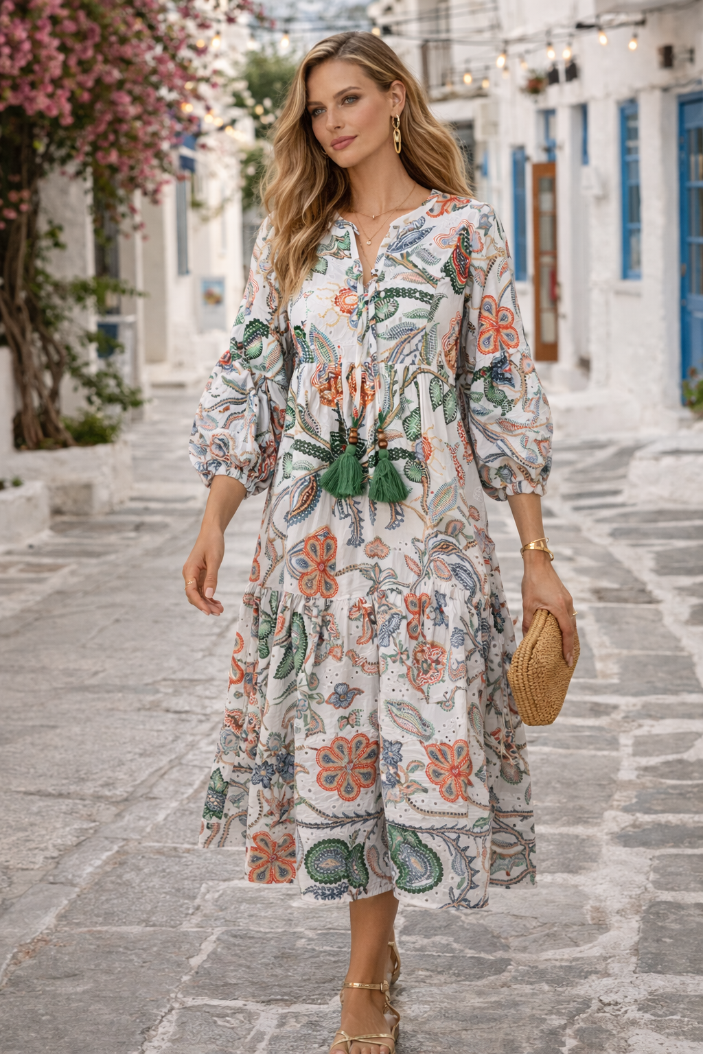 Lochstickerei-Kleid Weiß | Grün | Rot | Multicolor