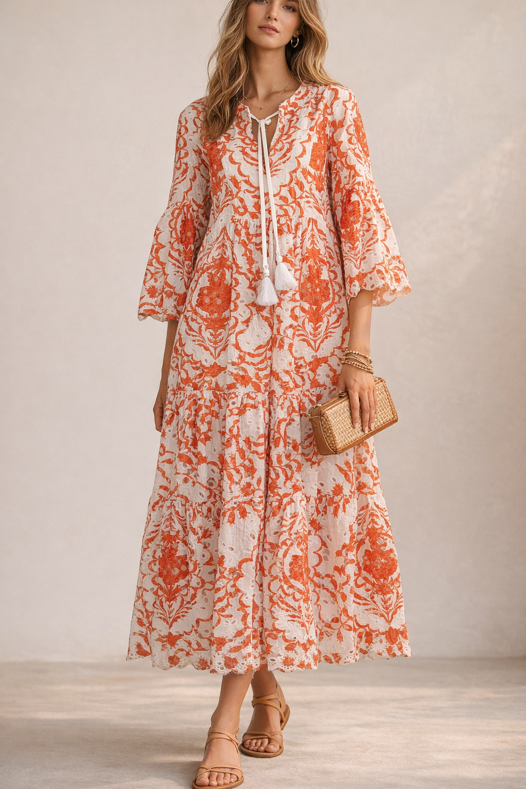 Lochstickerei-Kleid Weiß | Orange