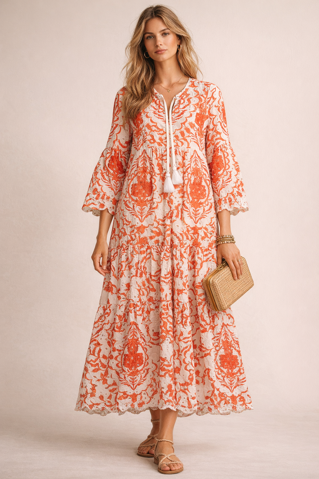 Lochstickerei-Kleid Weiß | Orange