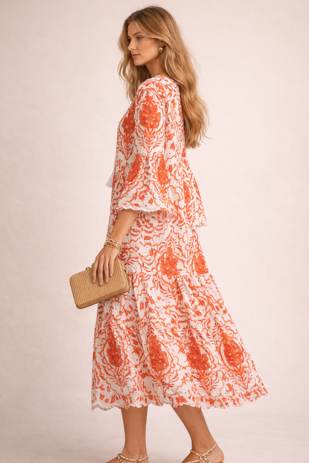 Lochstickerei-Kleid Weiß | Orange