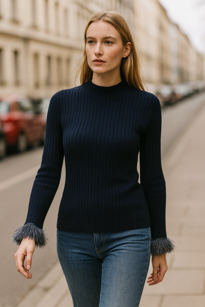 Pullover „Rippstrick / Federn“ Dunkelblau