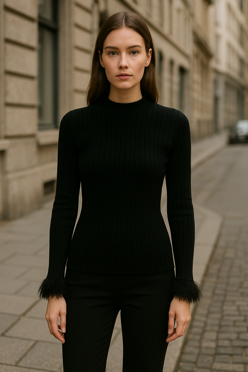 Pullover „Rippstrick / Federn“ Schwarz