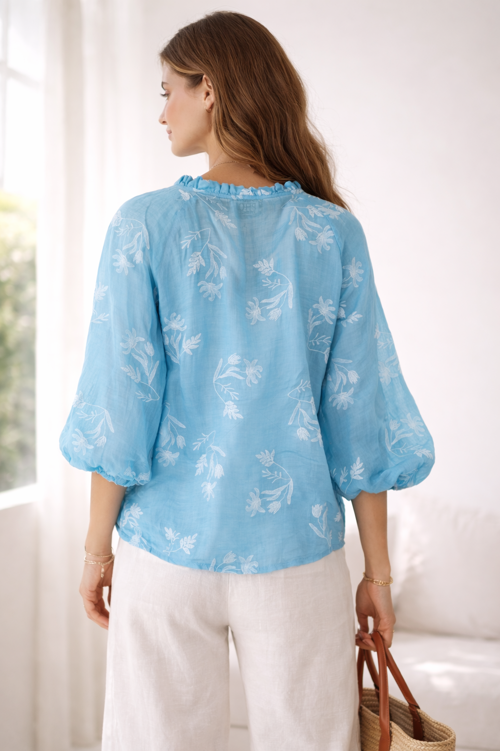 Bestickte Ramie-Bluse Blau | Weiß