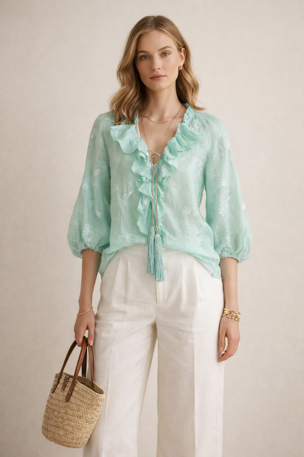 Bestickte Ramie-Bluse Mint | Weiß