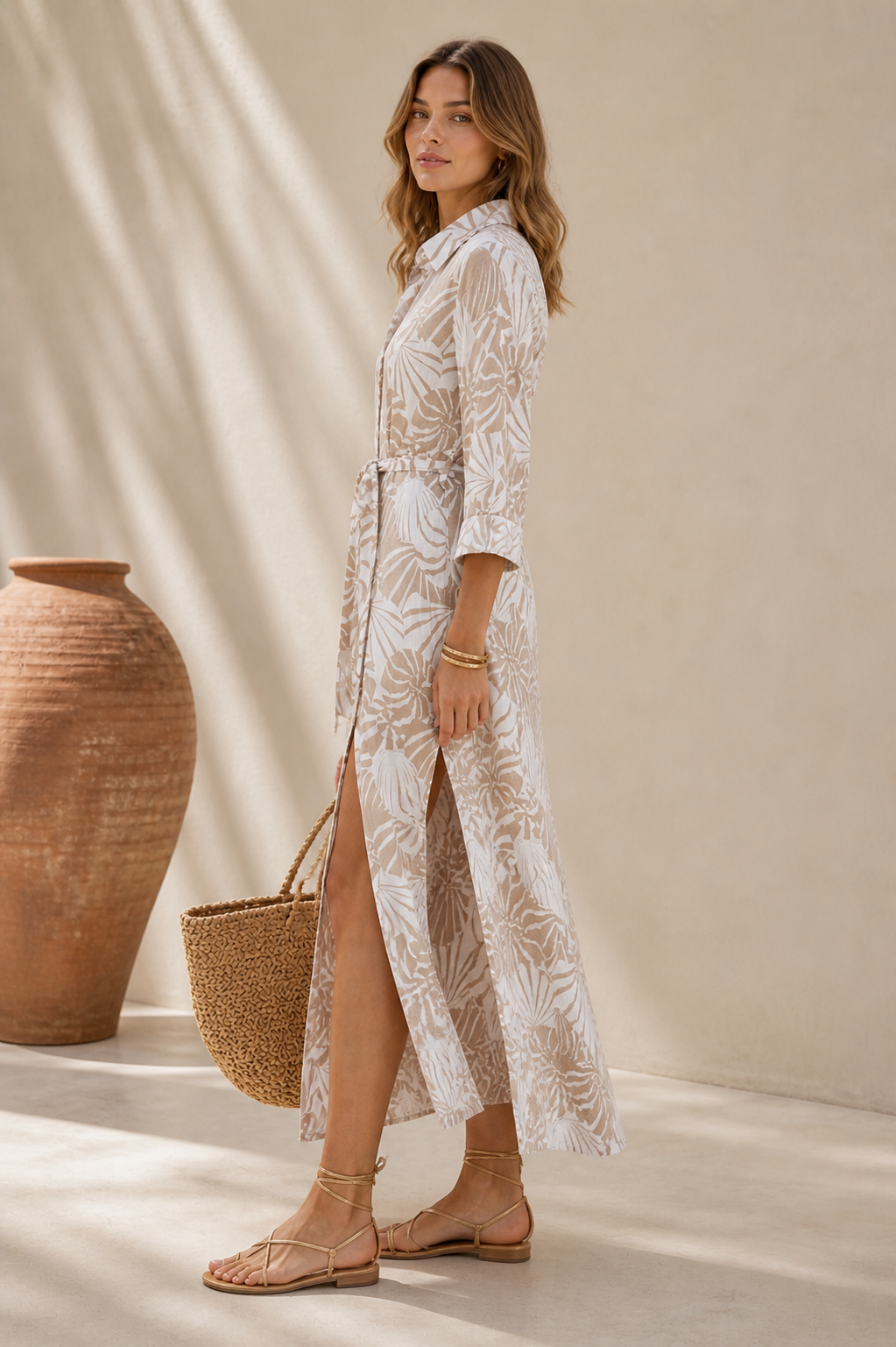 Leinen-Hemdblusenkleid „Muschel-/Fächer“ Weiß | Taupe