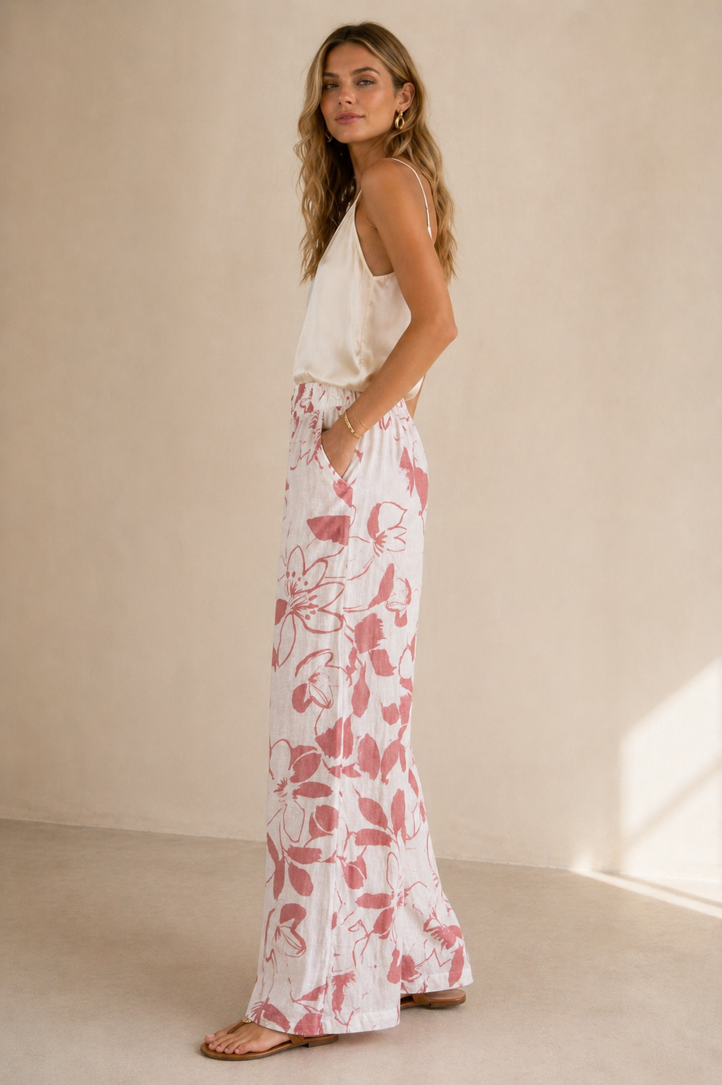 Leinenhose „Floral“ Weiß | Koralle