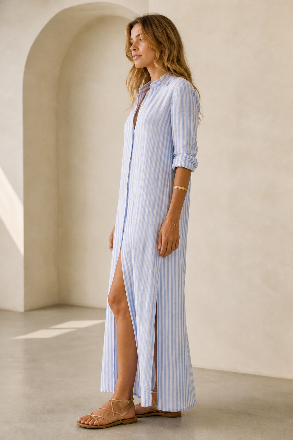 Maxi-Leinenkleid „Streifen“ Blau | Weiß