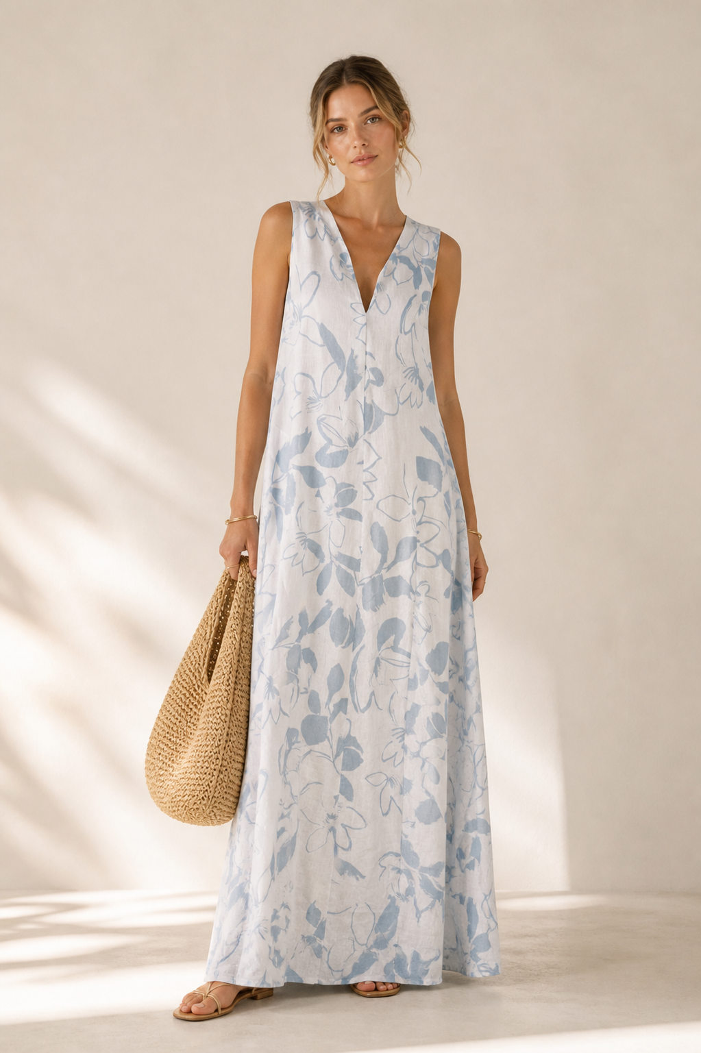 Leinen-Maxikleid „Fächer“ Hellblau | Weiß