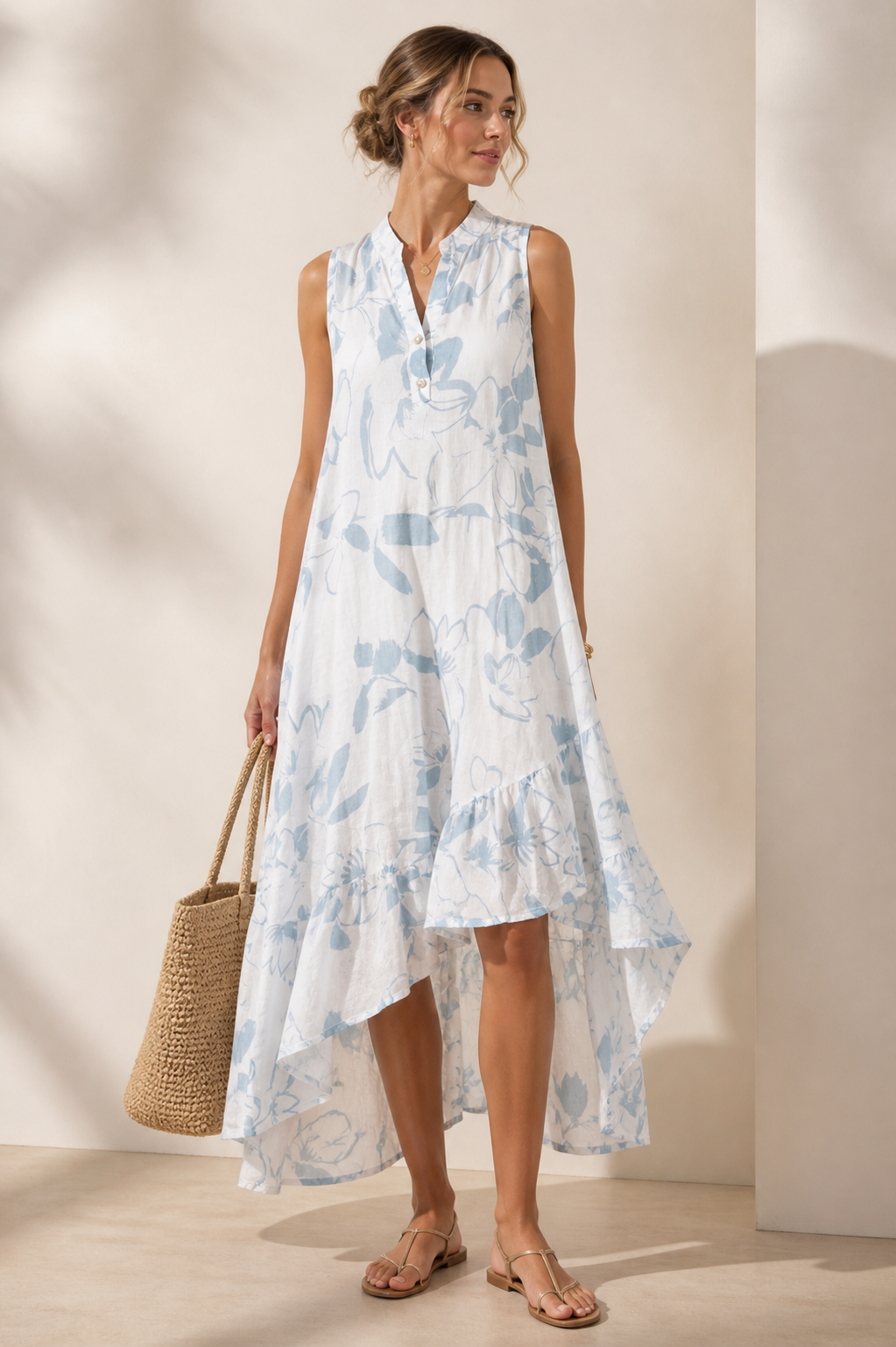 Asymmetrische Leinenkleid „Fächer“ Weiß | Hellblau
