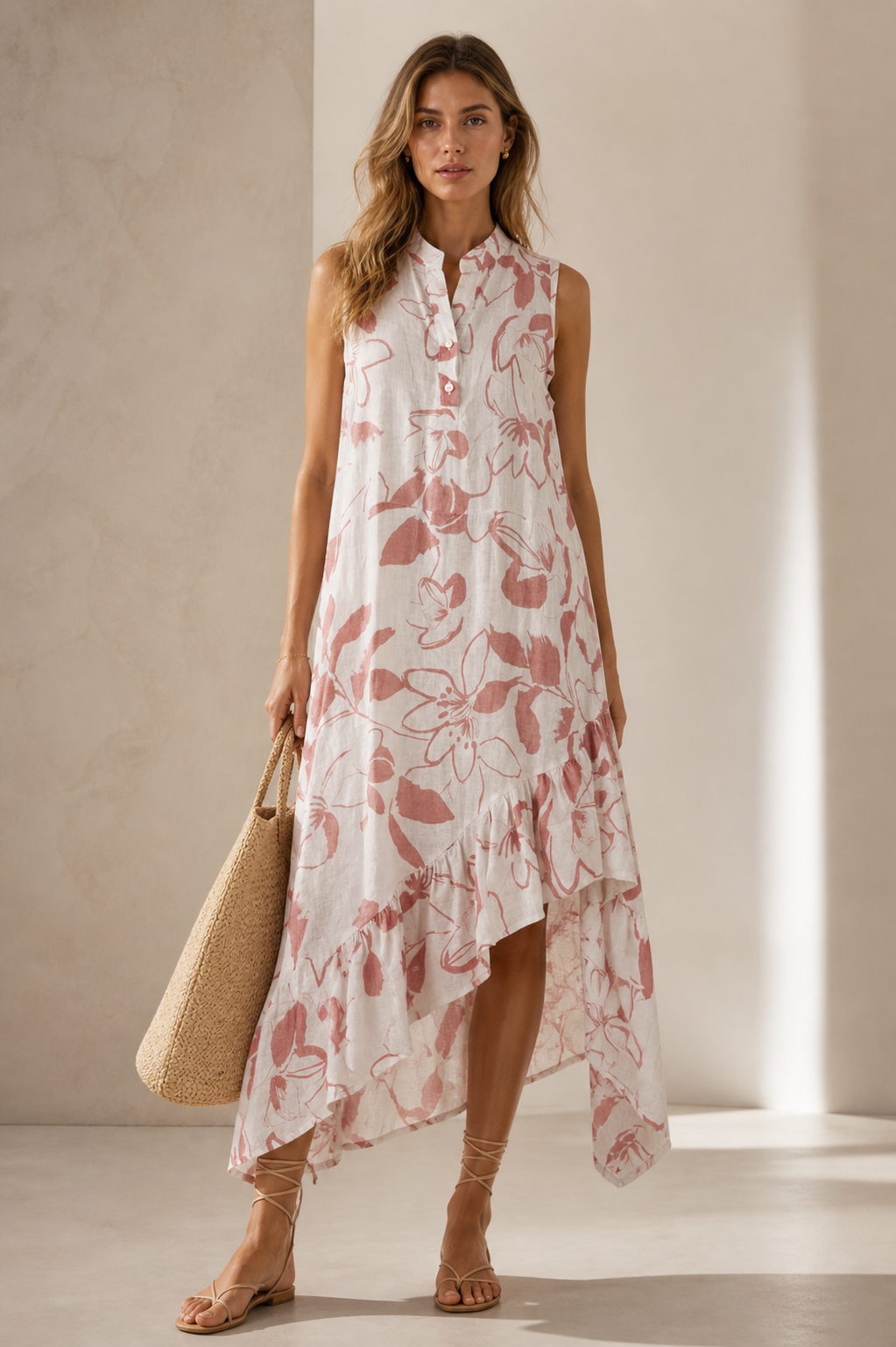 Asymmetrische Leinenkleid „Fächer“ Weiß | Koralle