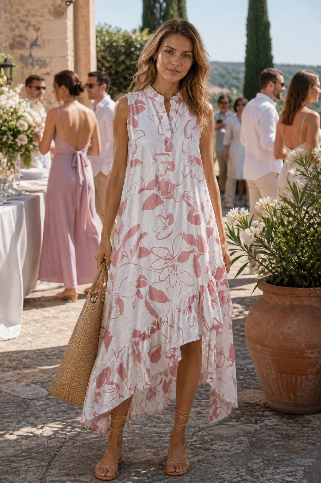 Asymmetrische Leinenkleid „Fächer“ Weiß | Koralle