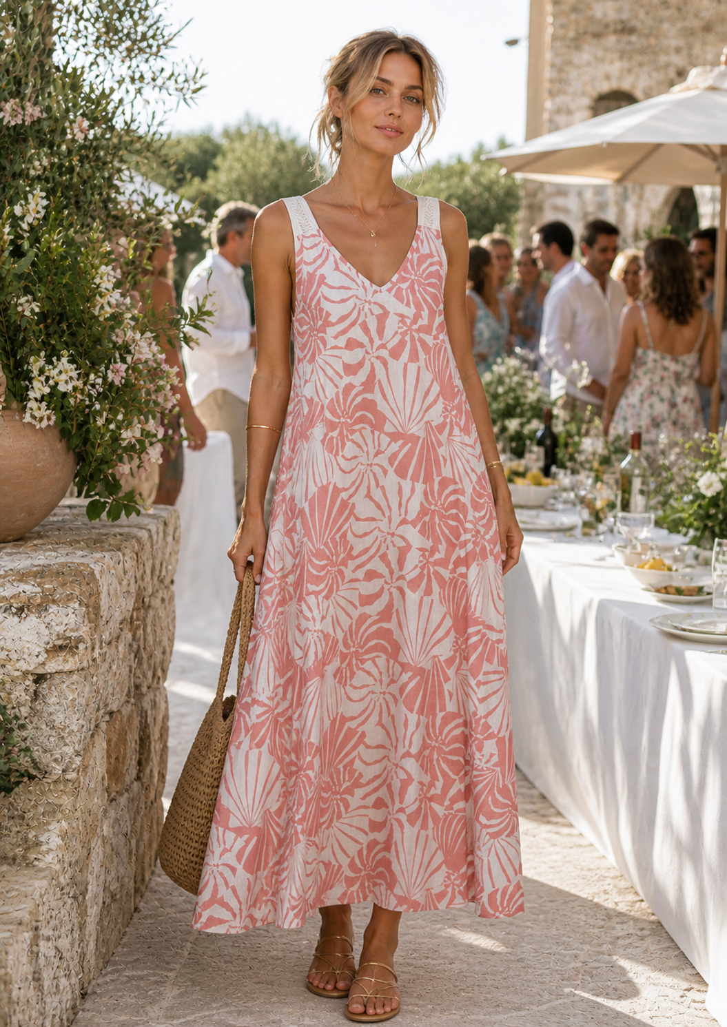Leinen-Maxikleid „Fächer“ Weiß | Koralle