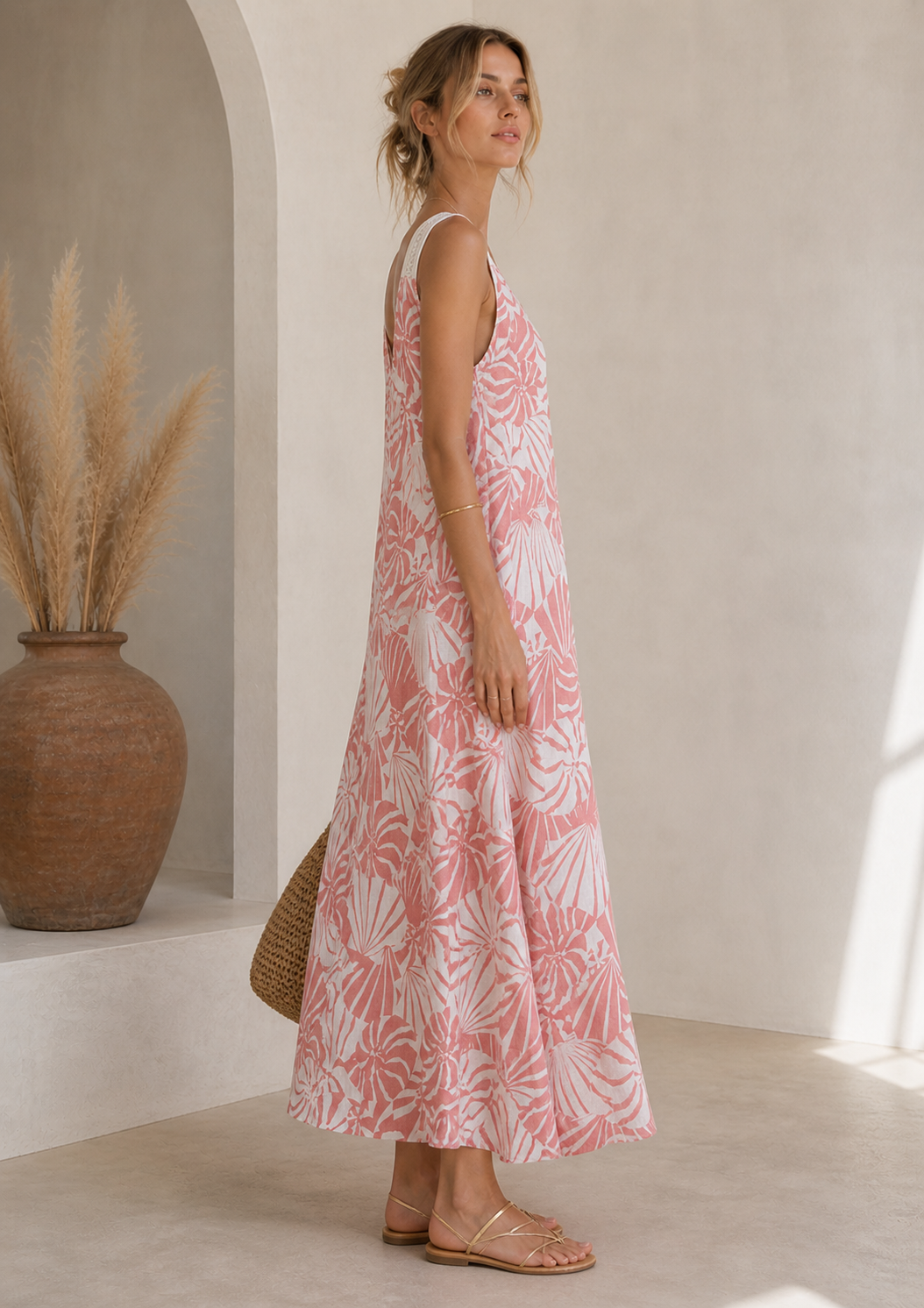 Leinen-Maxikleid „Fächer“ Weiß | Koralle