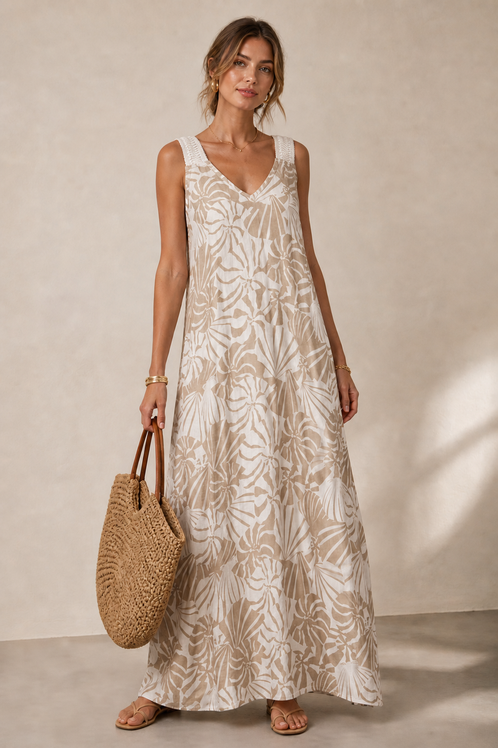 Leinen-Maxikleid „Fächer“ Weiß | Taupe