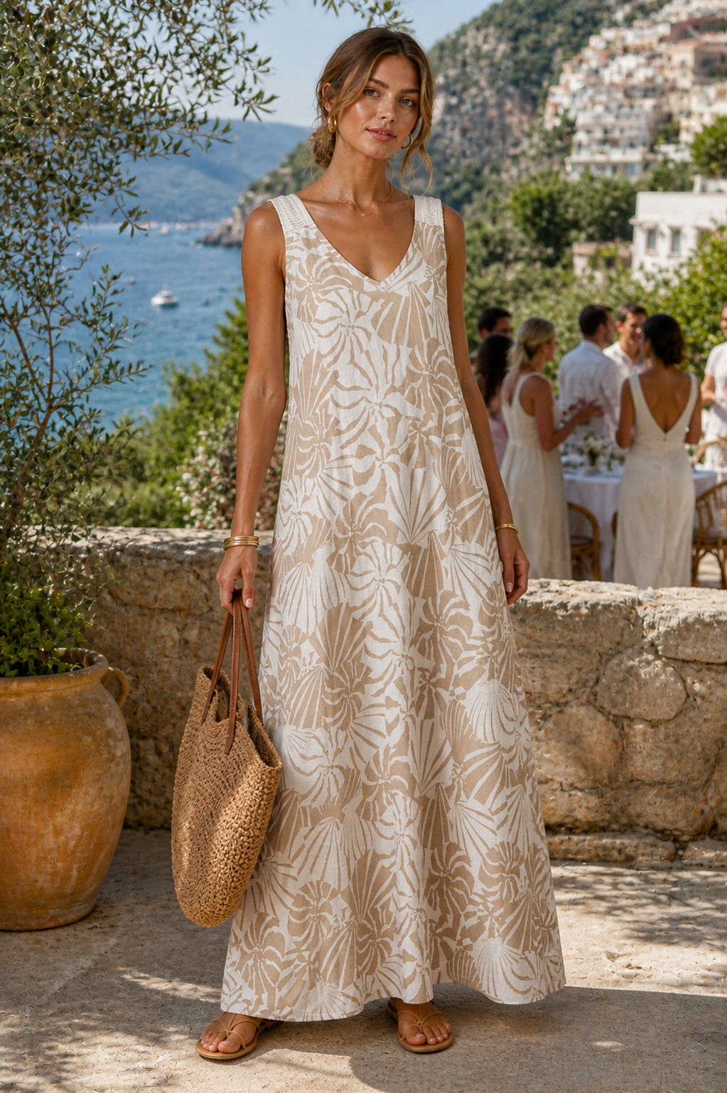 Leinen-Maxikleid „Fächer“ Weiß | Taupe