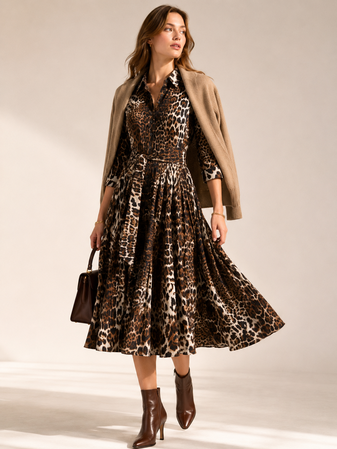 Zeitlose Wildnis Leoparden-Hemdblusenkleid Braun | Beige