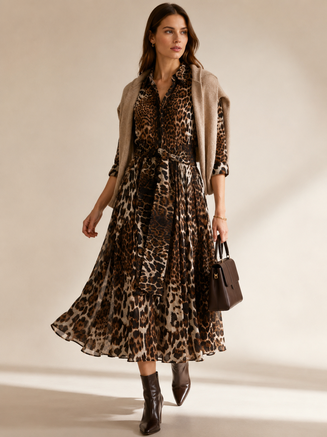 Zeitlose Wildnis Leoparden-Hemdblusenkleid Braun | Beige