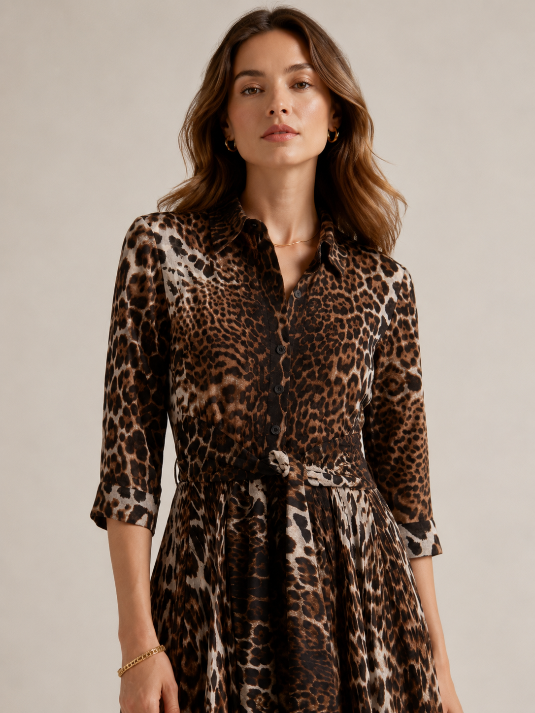 Zeitlose Wildnis Leoparden-Hemdblusenkleid Braun | Beige