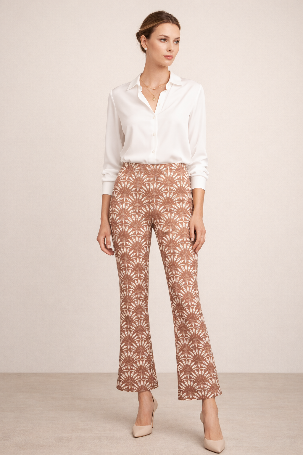 Hose „Cindy Fächermuster“ Tabakbraun | Weiß