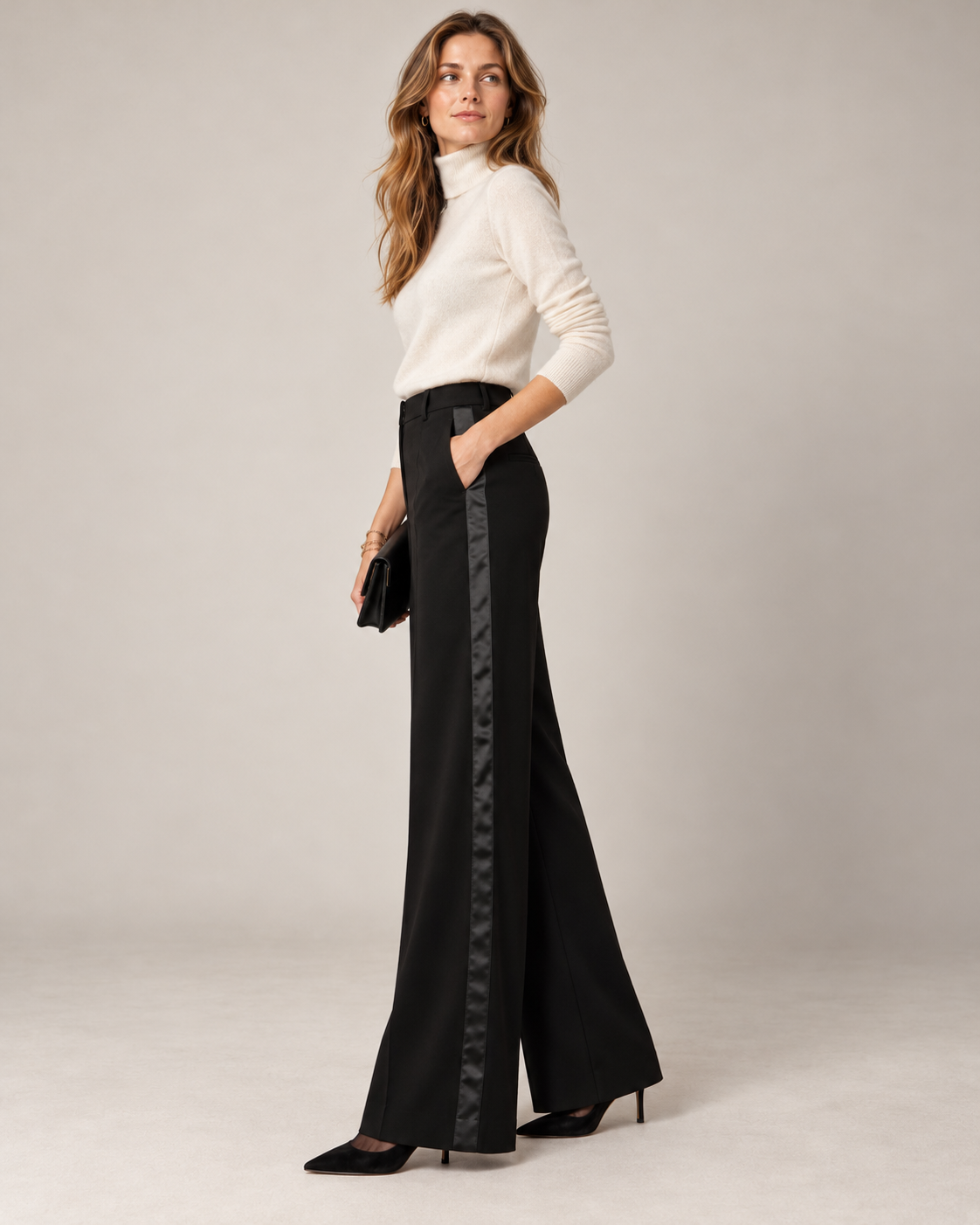 SEDUCTIVE / GLAMOUR: DIE WEITE HOSE „SHILOH STRIPE“ SCHWARZ / Seitenansicht
