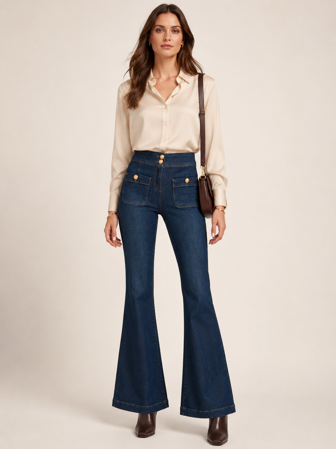 Flared-Jeans „Camille“ Tiefblaue Waschung mit markanten Ziernähten
