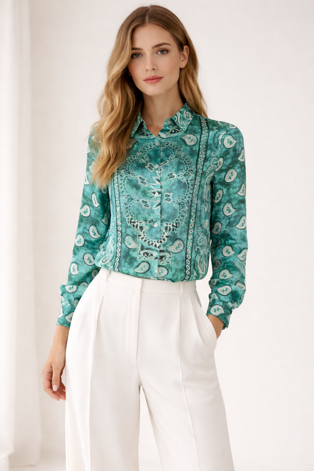 Bluse „Paisley“ Grün | Weiß
