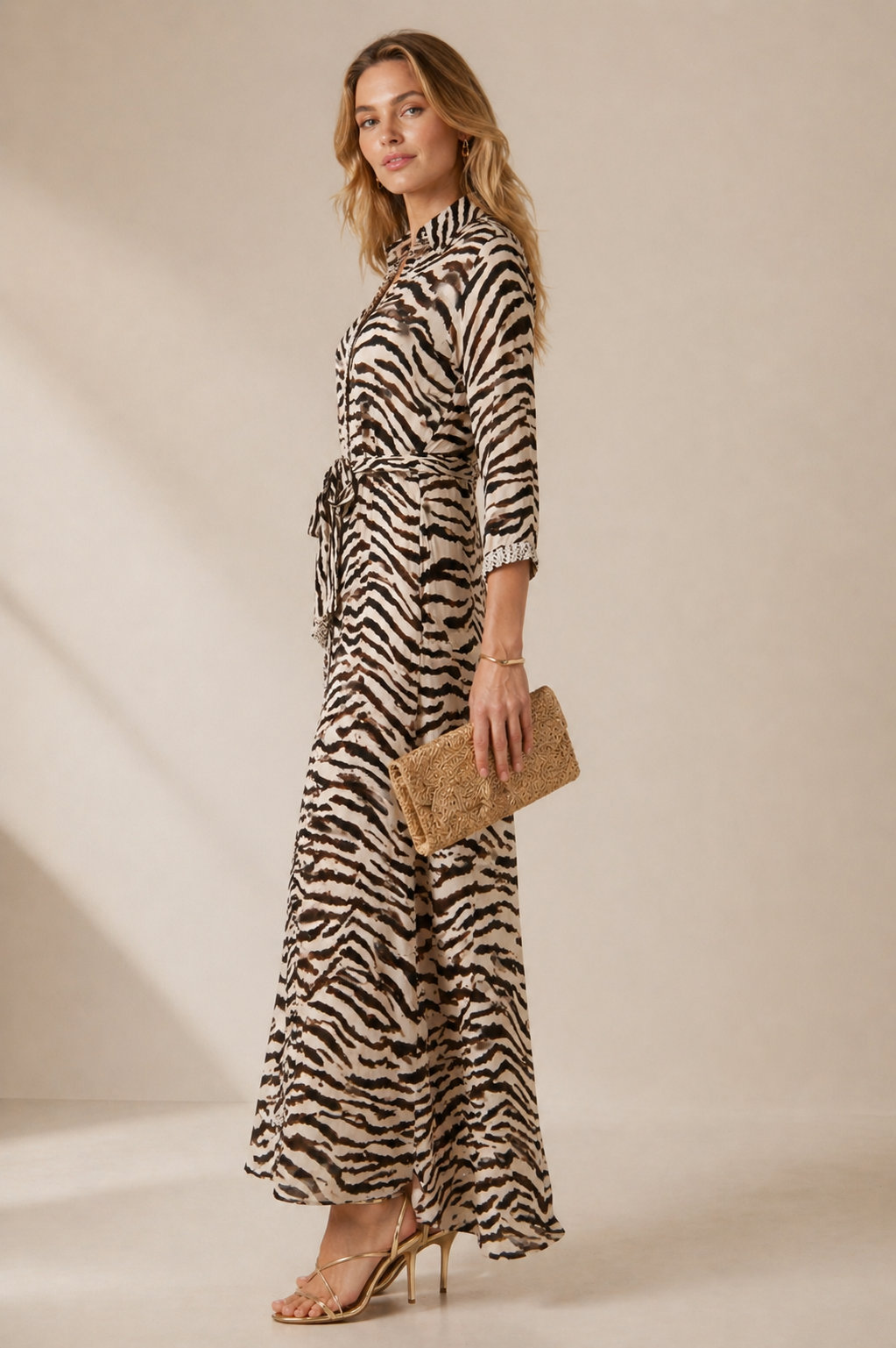 Maxi-Hemdblusenkleid „Zebra“ CREME | BRAUN