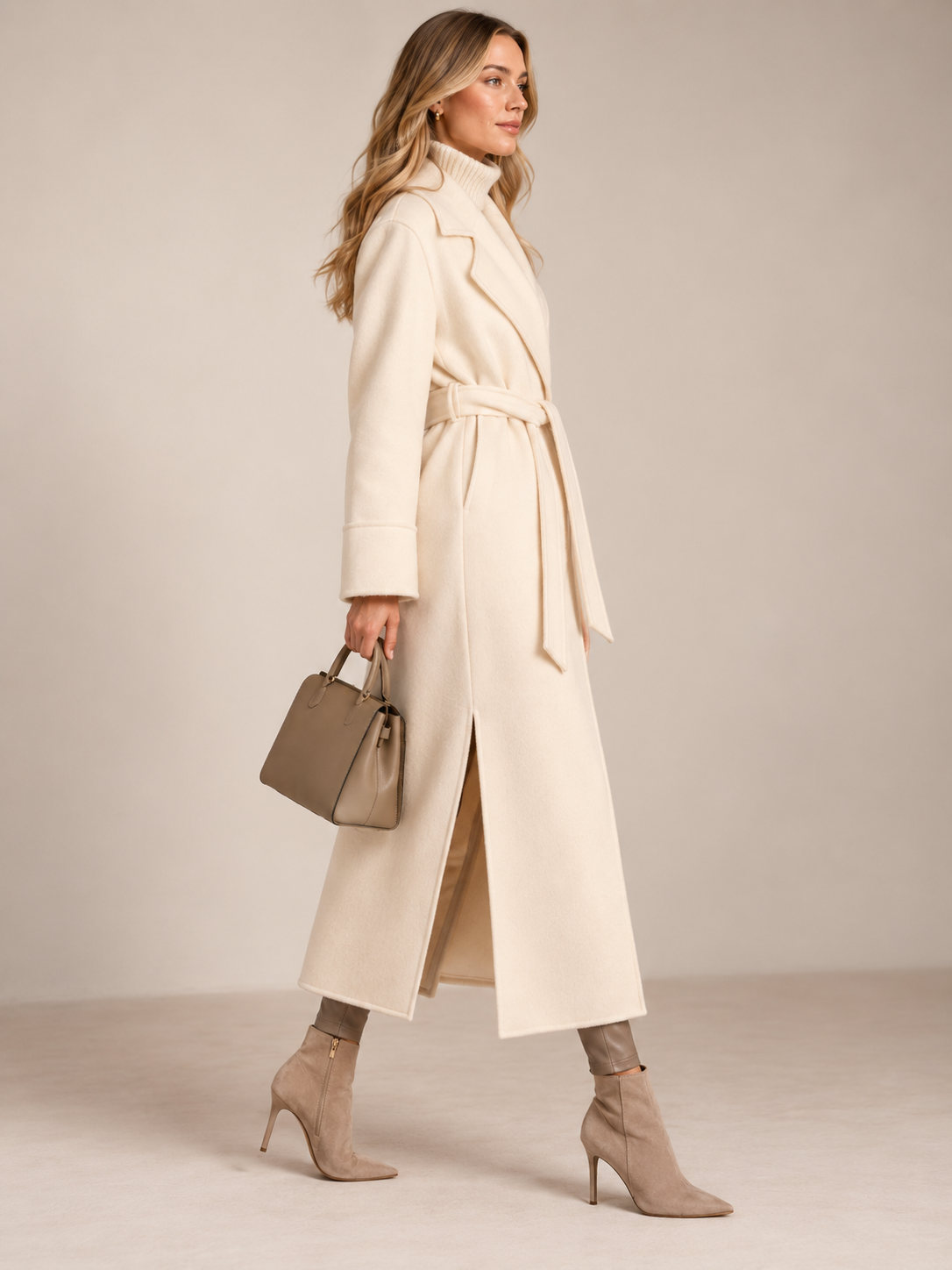 Vittoria Bini / Zeitloser Wickelmantel Offwhite / Seitenansicht