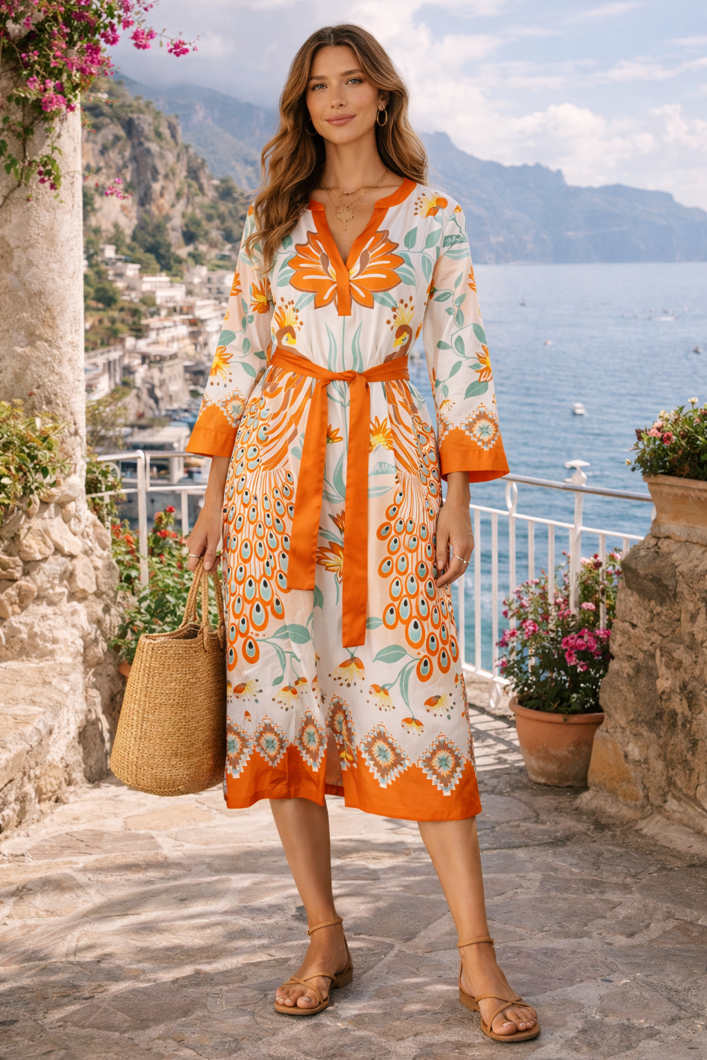 Maxi-Kleid „Mediterran“ Creme | Orange | Multi