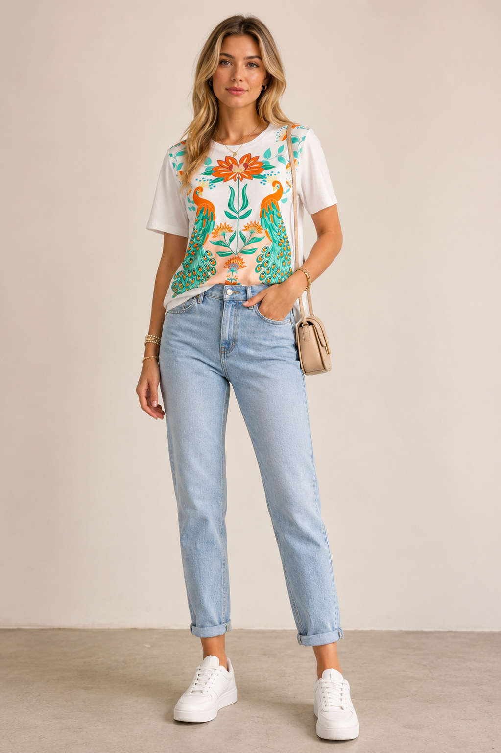 T-Shirt „Pfau“ Weiß | Orange | Grün